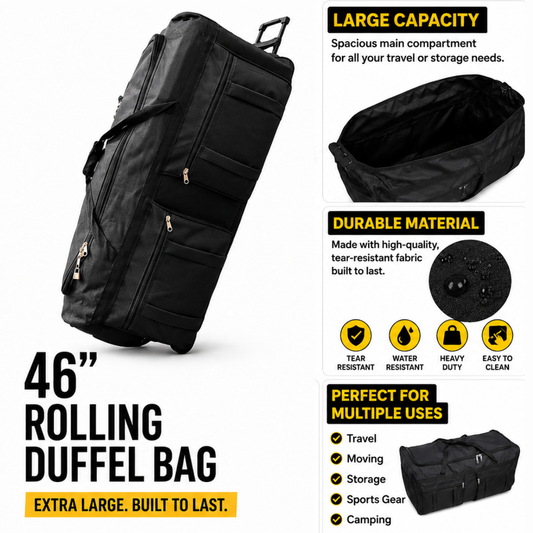 Gothamite 46 Inch Rolling Duffle Bag With Wheels - Christmas Tree Bag, Bottom Wheeled Oversized Travel Luggage Heavy Duty Duffle Bag for Military Bag, Sports Equipment Bag