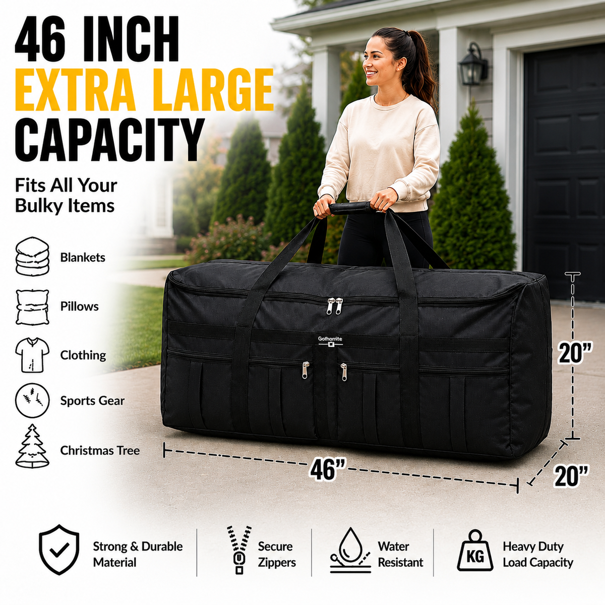 Gothamite 46 Inch Rolling Duffle Bag With Wheels - Christmas Tree Bag, Bottom Wheeled Oversized Travel Luggage Heavy Duty Duffle Bag for Military Bag, Sports Equipment Bag